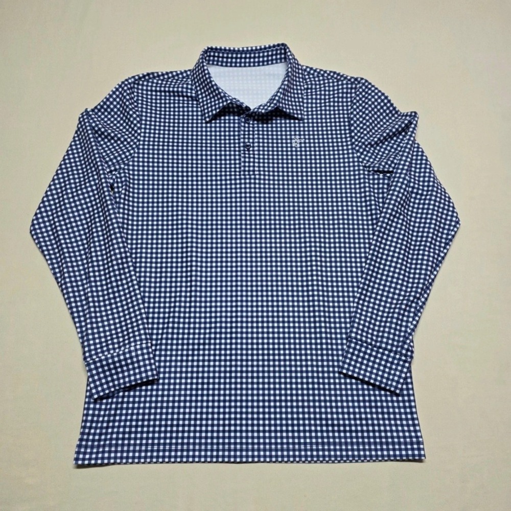 Louis Castel Men Long Sleeve Gingham Golf Polo Shirt Navy Blue Size 100 (Medium)